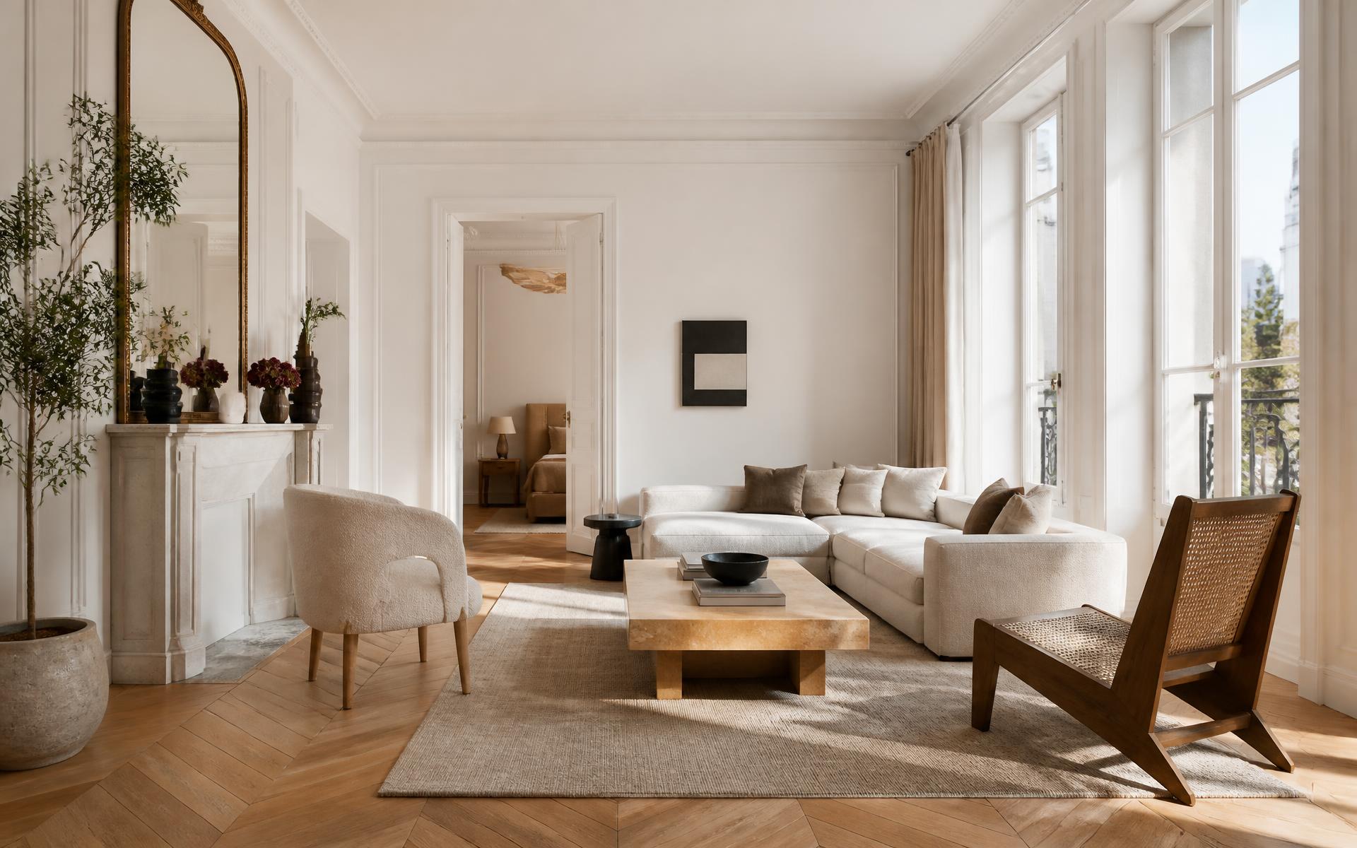 Séjour parisien rénové, parquet chevron et lumière naturelle